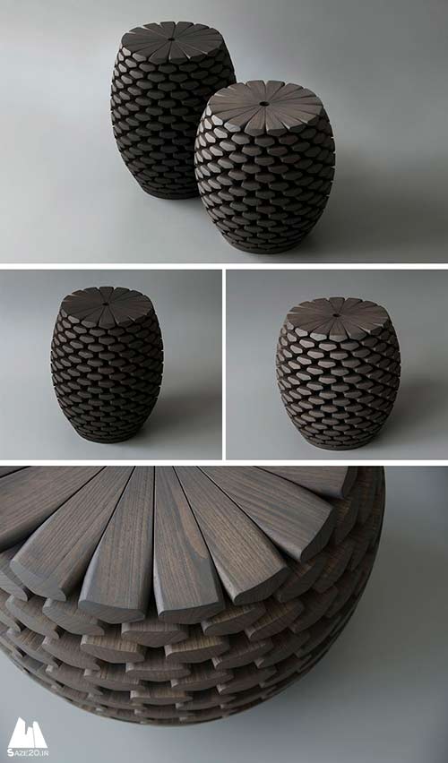 طراحی میزهای چوبی تندیس وار با الهام از مخروط کاج